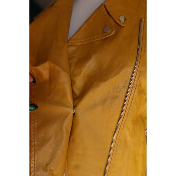 New York & Company Faux-Leather Mustard Yellow Gold Moto Biker Jacket Large - Picture 8 of 13